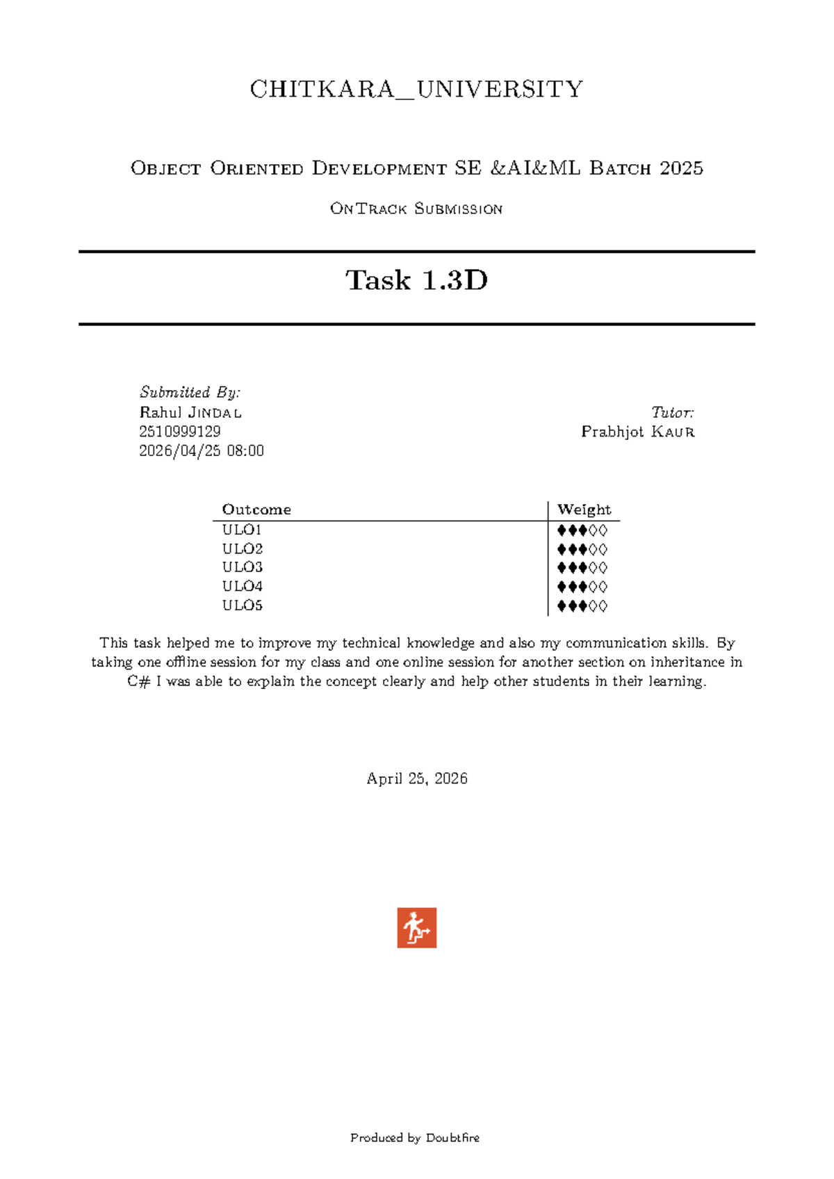 SIT 232: Object Oriented Programming Task 1.3D Reflection and Insights ...
