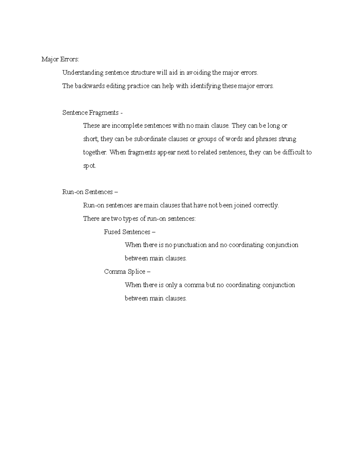 Major Errors in Sentence Structure - Studocu