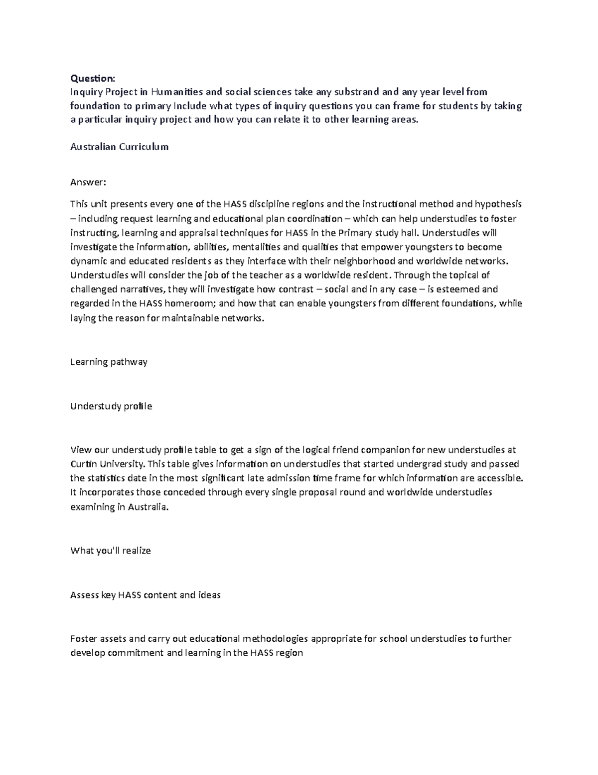 Inquiry Project in Humanities - Australian Curriculum Answer: This unit ...