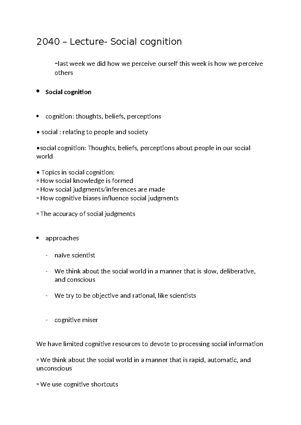 2040 Lecture 2 - Social Cognition and Impression Formation Notes - Studocu