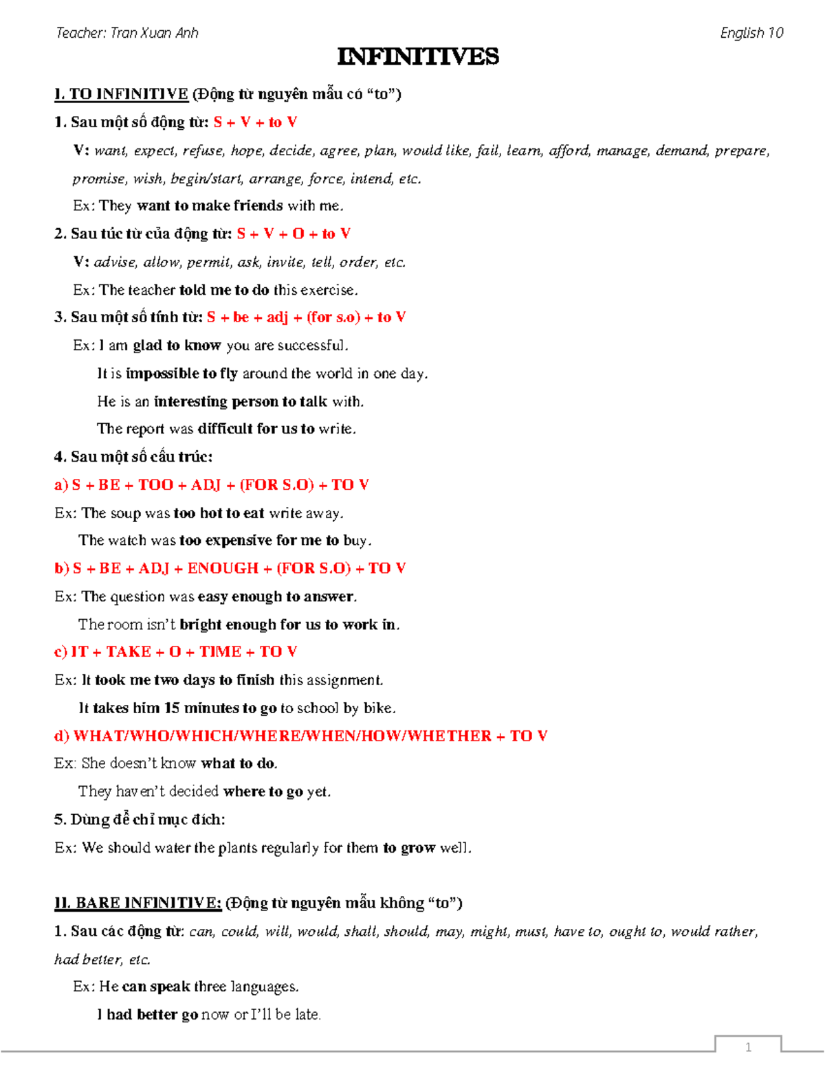 Infinitives excercise basic - Teacher: Tran Xuan Anh English 10 1 ...