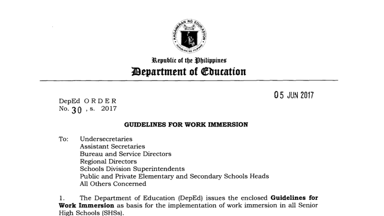 DepEd Order No. 30, S. 2017: Guidelines for Work Immersion in SHS - Studocu