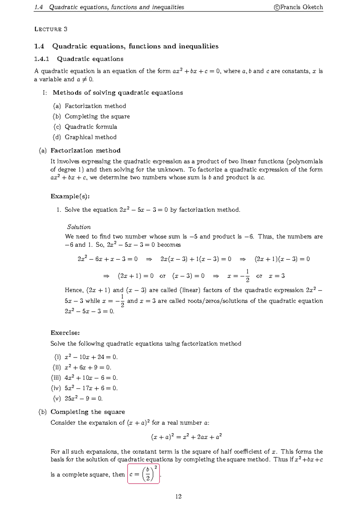 Lecture 3: Quadratic Equations, Functions, and Inequalities - MATH 101 ...