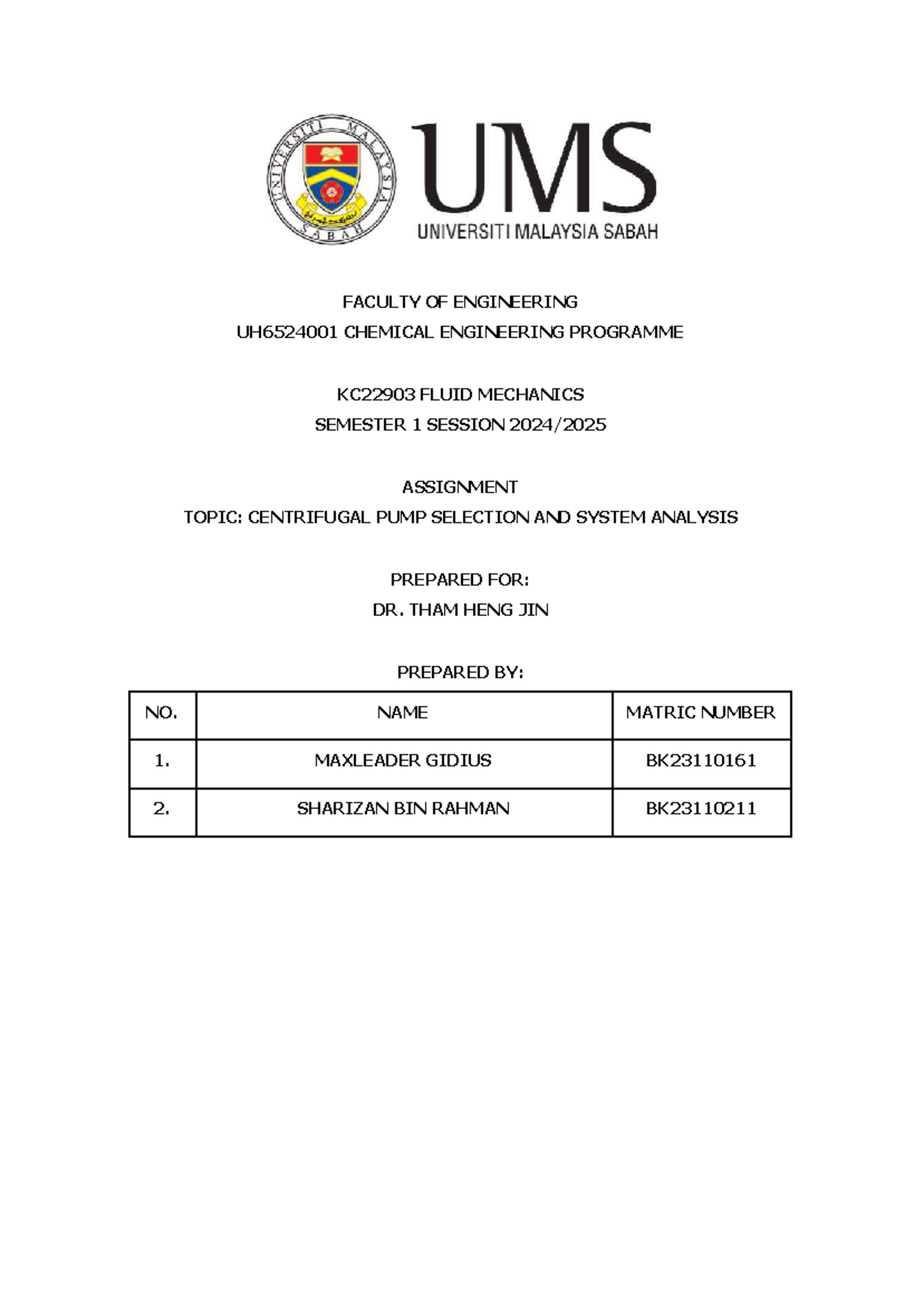 Fluid Mechanics Assignment KC22903: Centrifugal Pump Selection ...