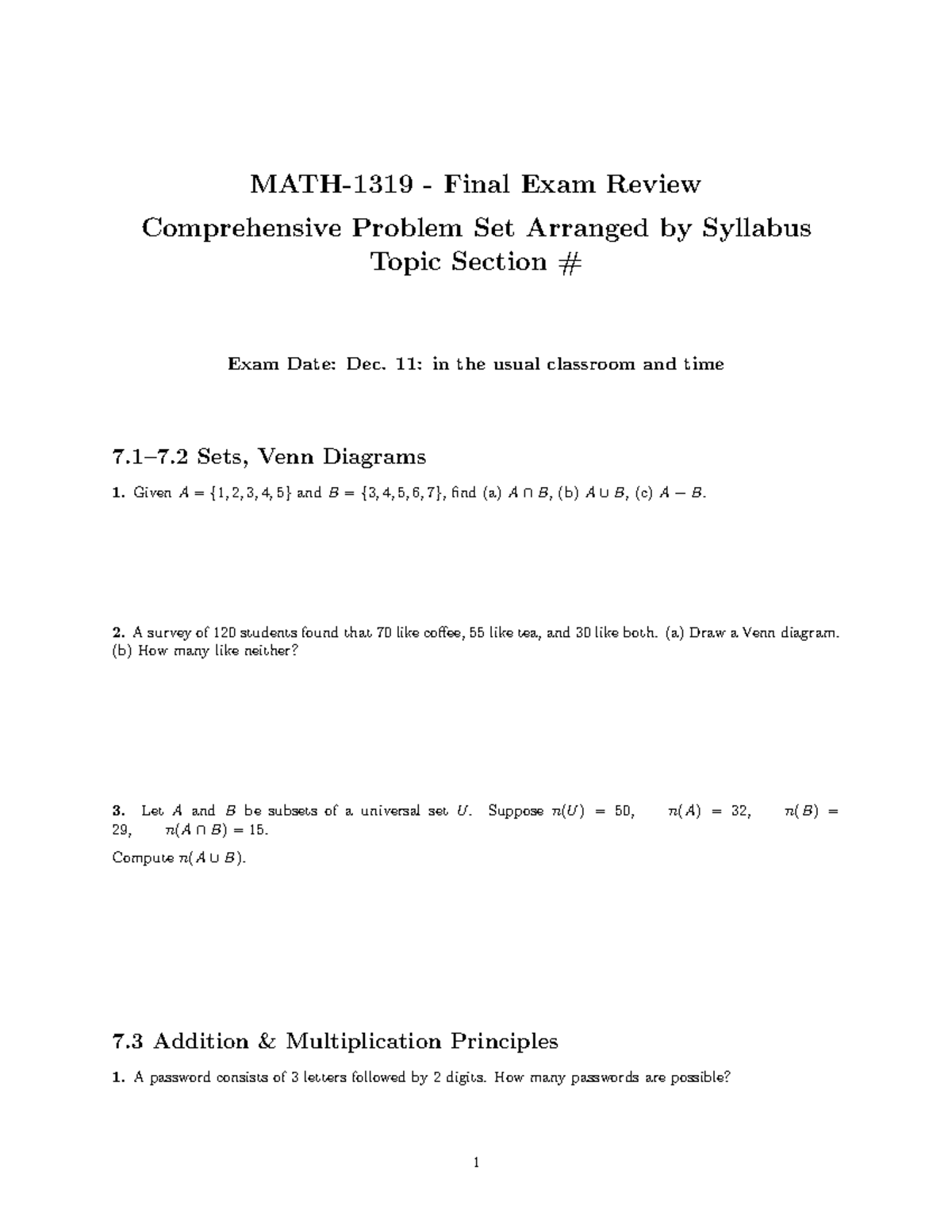 MATH-1319 - Final Exam Review - Studocu