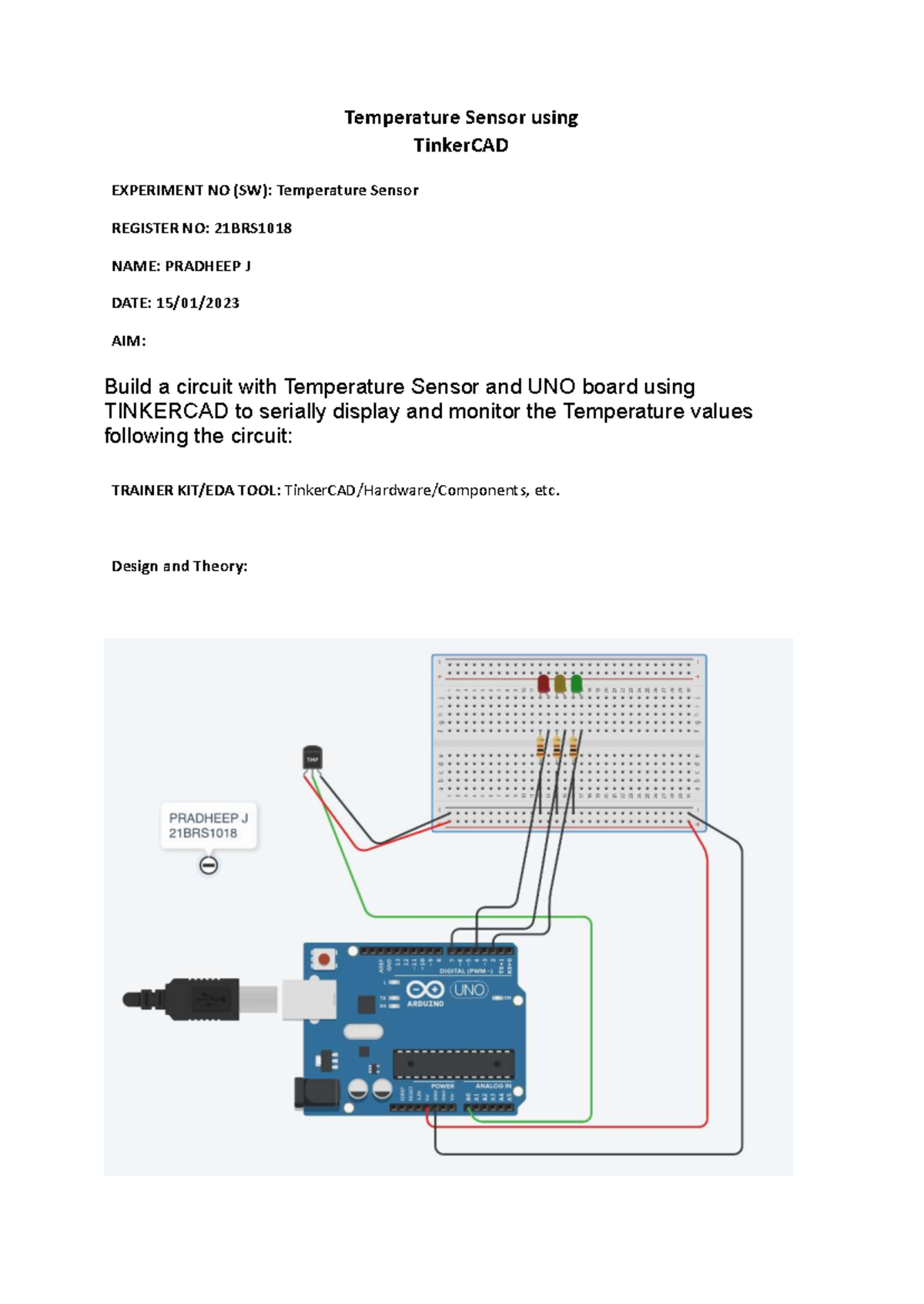 21BRS1018 EXP1: Temperature Sensor Circuit Design in TinkerCAD - Studocu