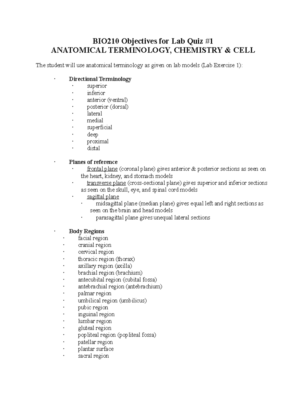 BIO210 Lab Quiz 1 Objectives: Anatomy, Chemistry & Cell Basics - Studocu