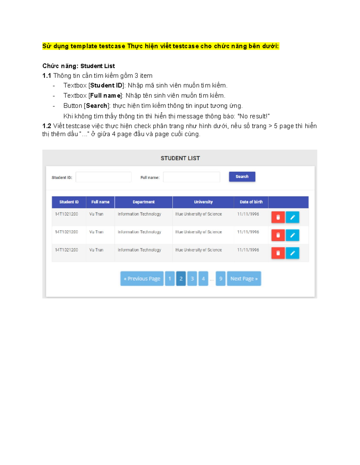 Test Case Creation for Student List Functionality in SRS - Studocu
