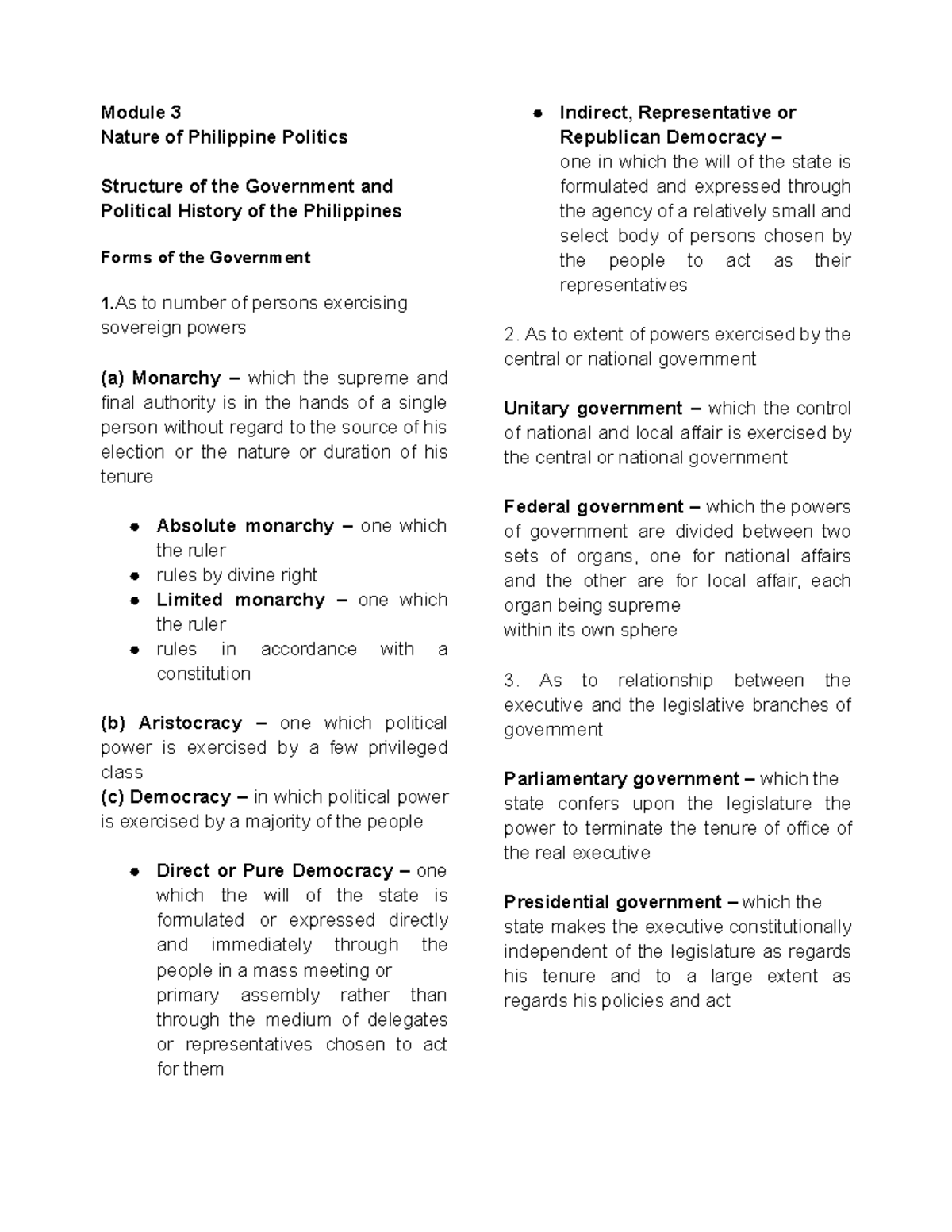 PolGov Reviewer: Modules 3 & 4 - Philippine Politics & Government - Studocu
