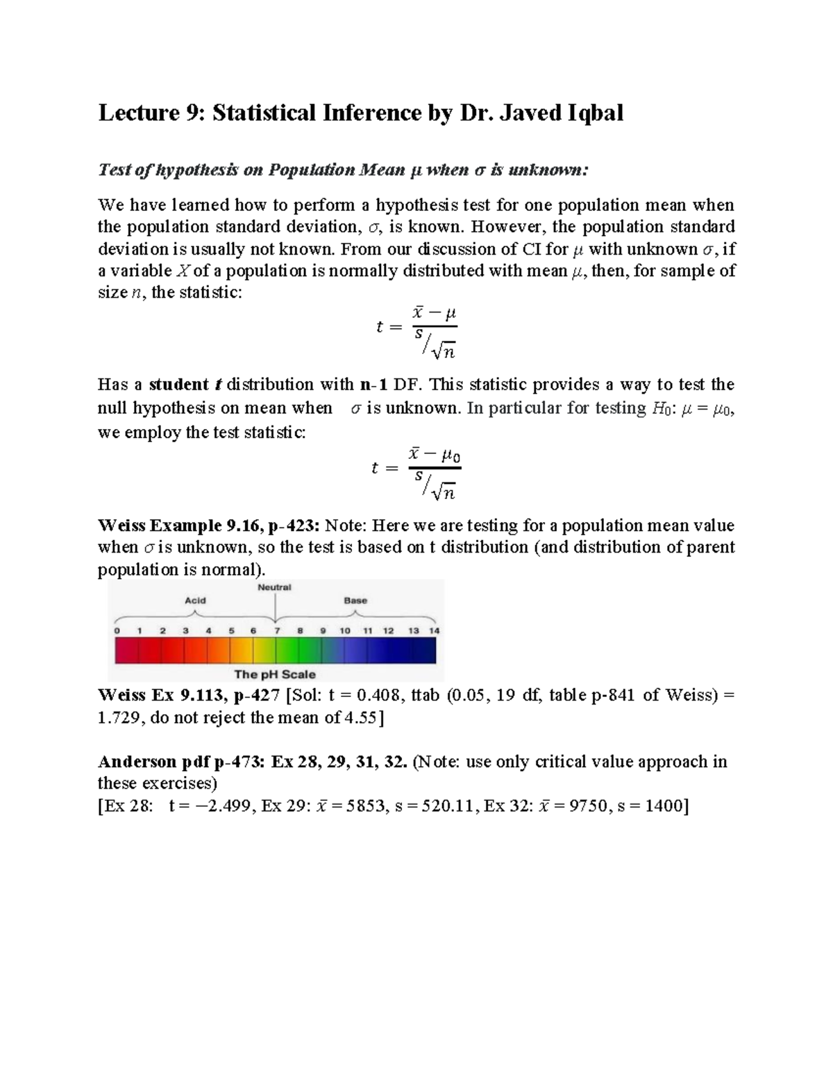Lecture 9: Hypothesis Testing for Population Mean (σ Unknown) - Studocu