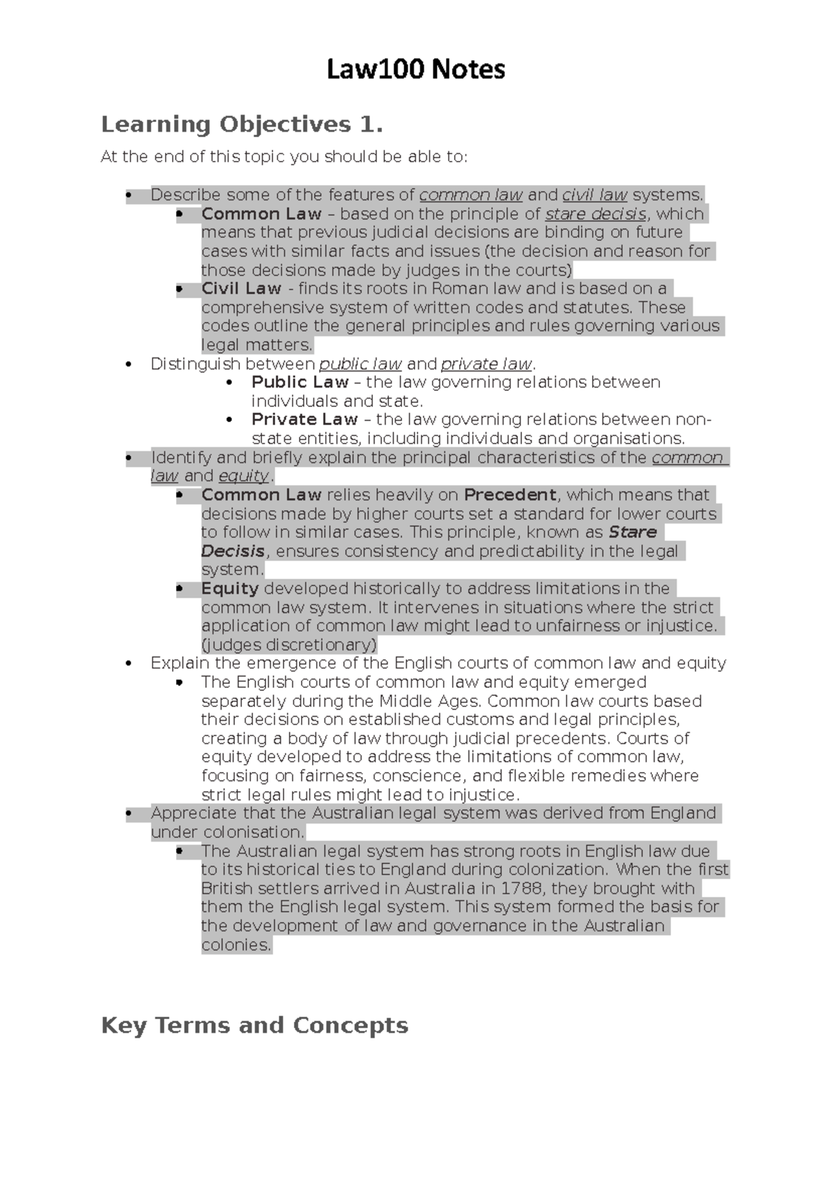 Law100 Common Law and Equity System Overview Notes - Studocu