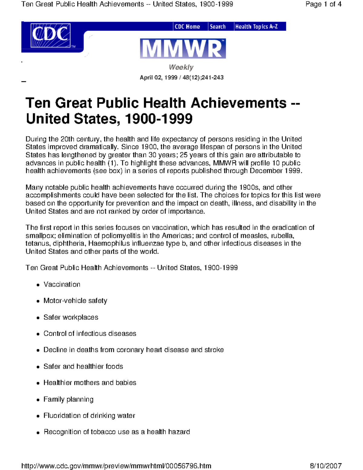 10 Great Public Health Achievements in the U.S. - Overview - Studocu