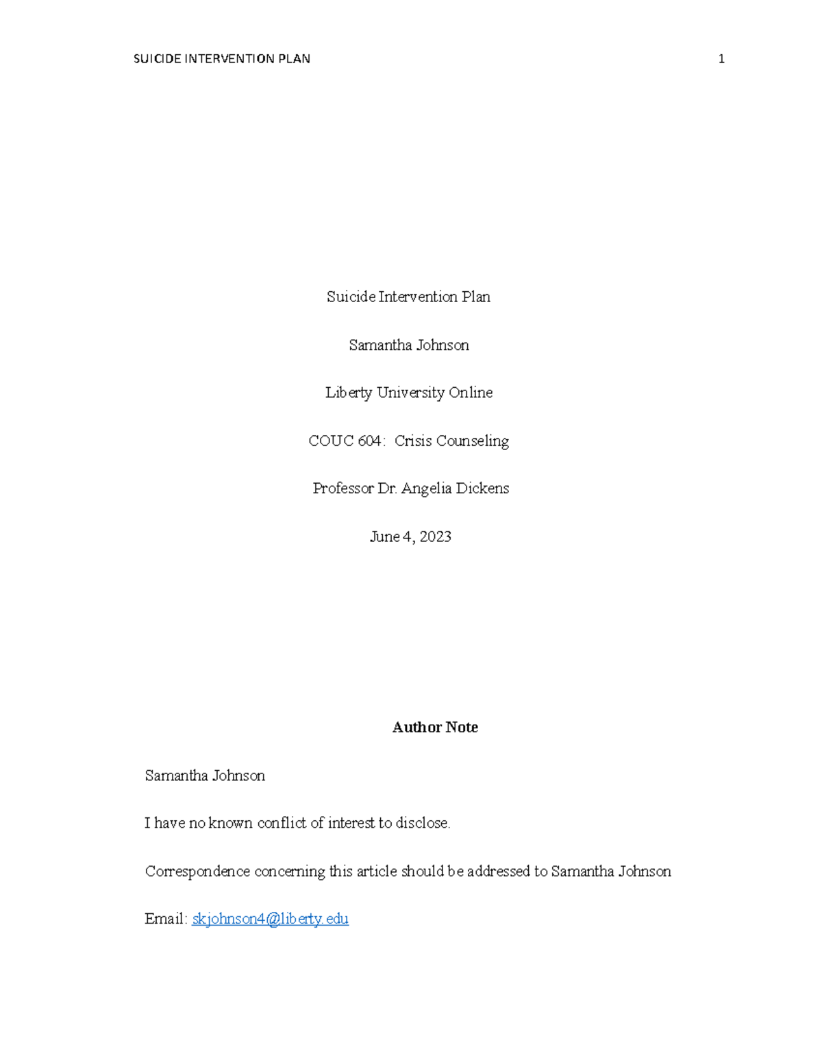 COUC 604: Suicide Intervention Plan for Joanne - A Case Study - Studocu