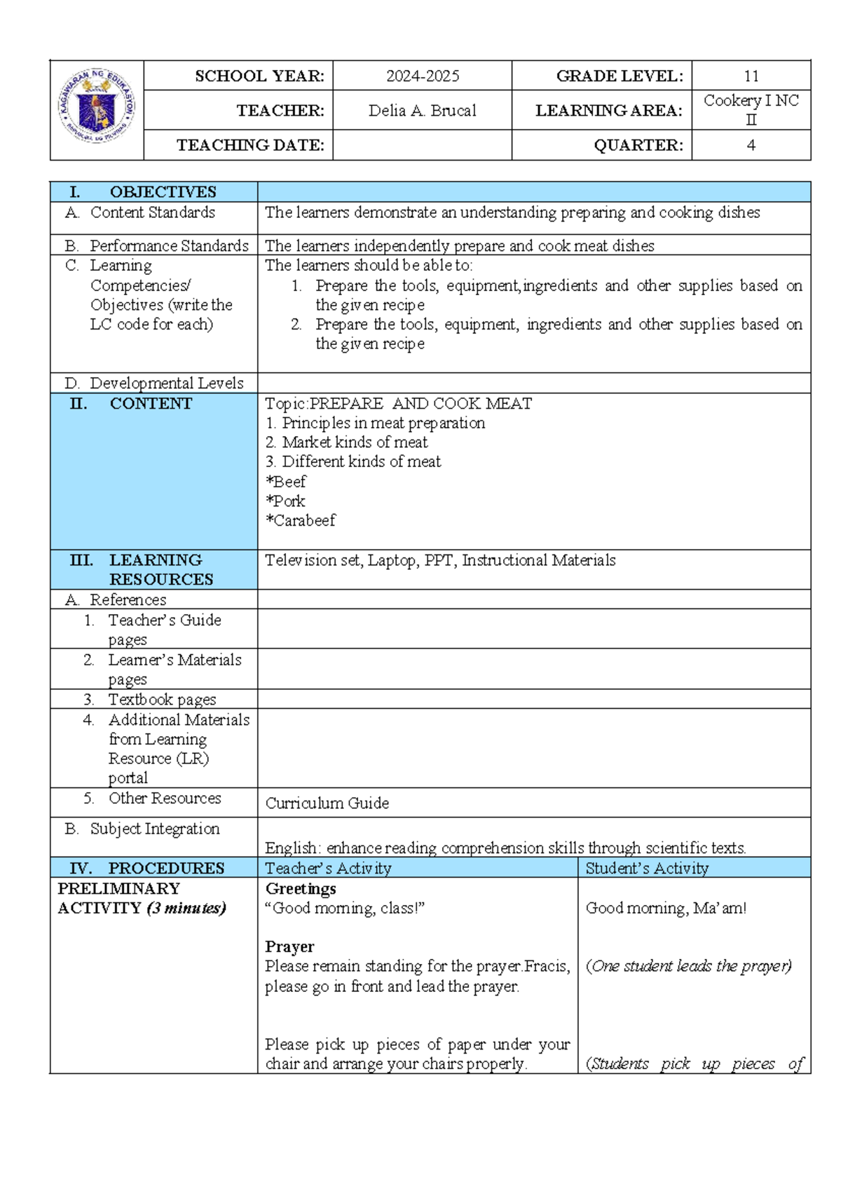 Final Exam: Cookery I NC II 4 - Preparing and Cooking Meat Dishes - Studocu