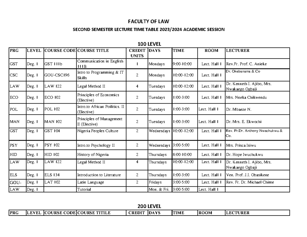 LAW 100-500 LEVEL SEMESTER LECTURE TIME TABLE ACADEMIC SESSION - Studocu