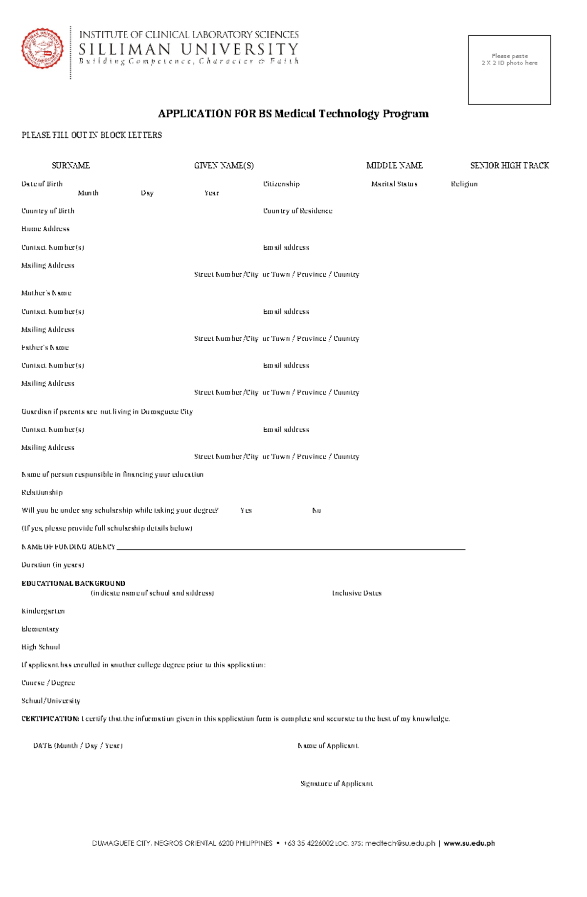 ICLS BS Medical Technology Program Application Form - Studocu