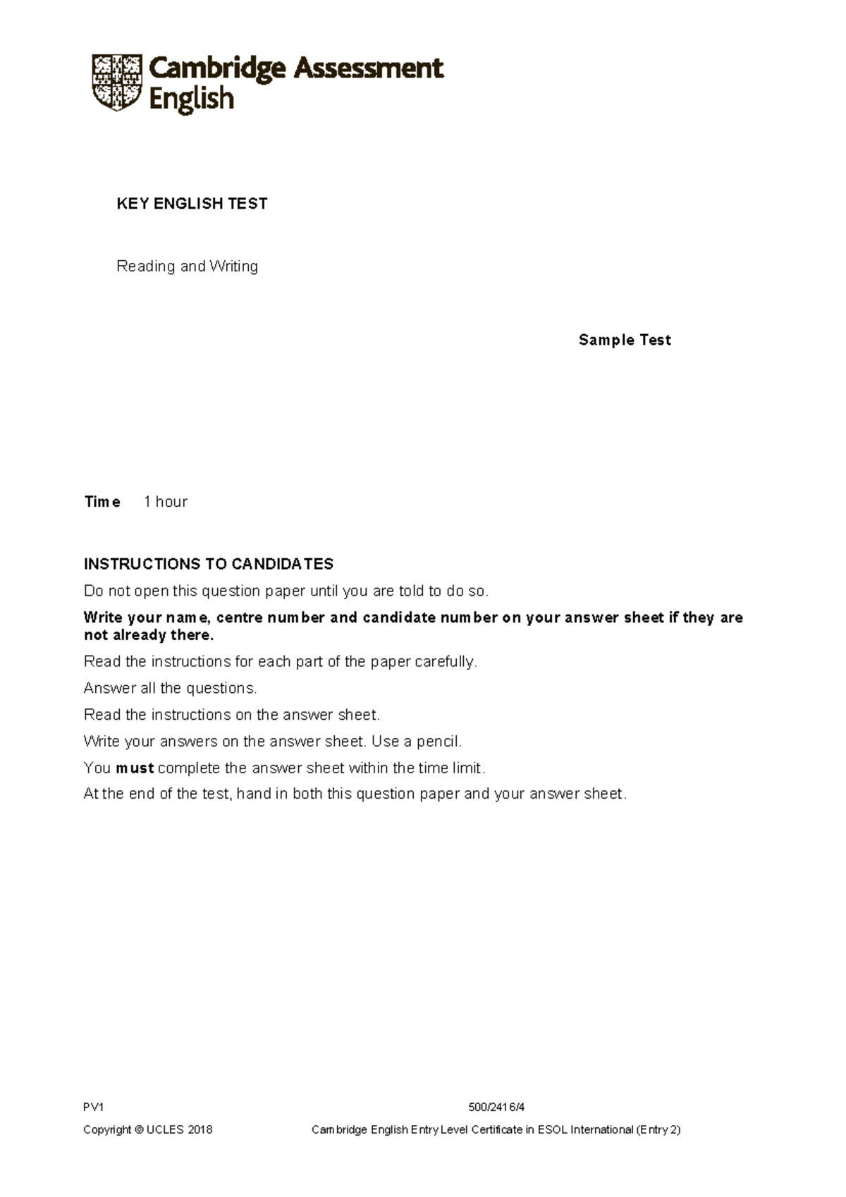 A2 Key 2020 Sample Test: Reading & Writing Question Paper - Studocu