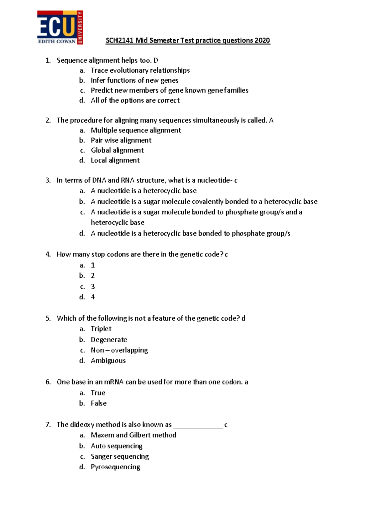 SCH2141 Mid Semester Test Practice Questions 2021 - Studocu