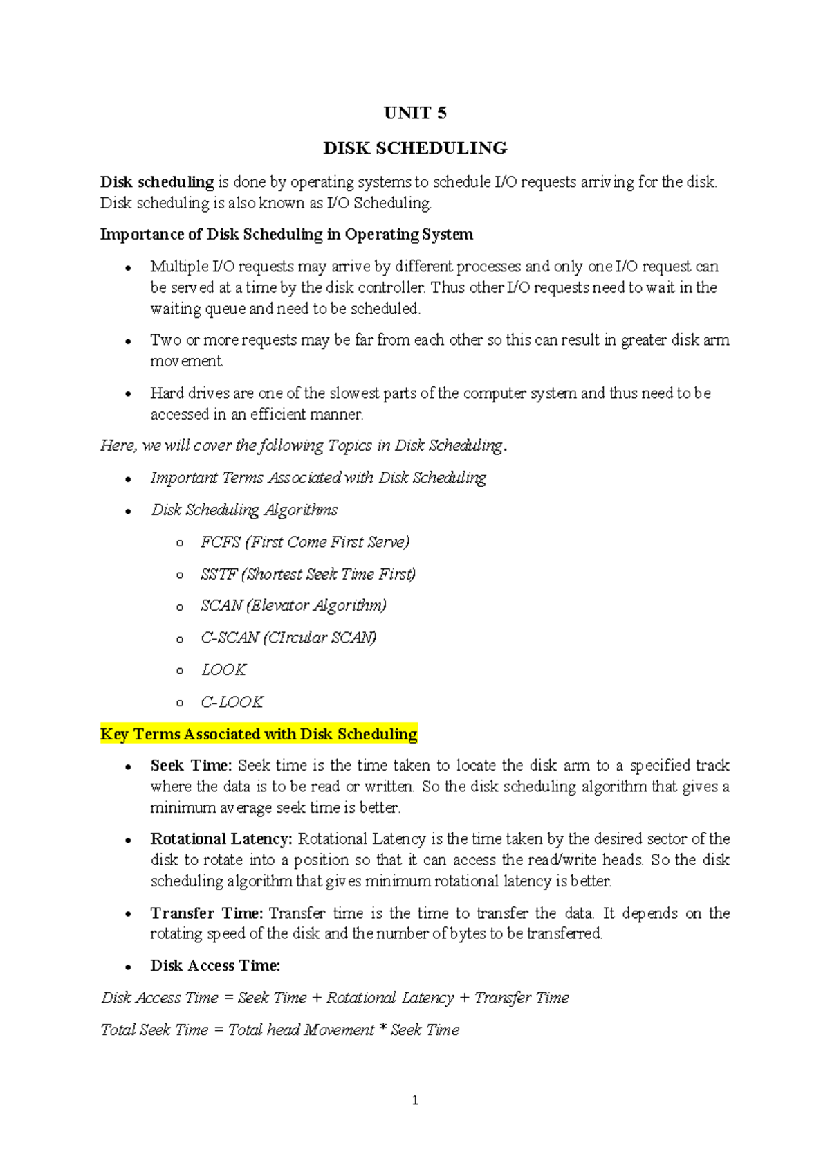 UNIT 5 OS: Disk Scheduling Algorithms and Key Concepts - Studocu