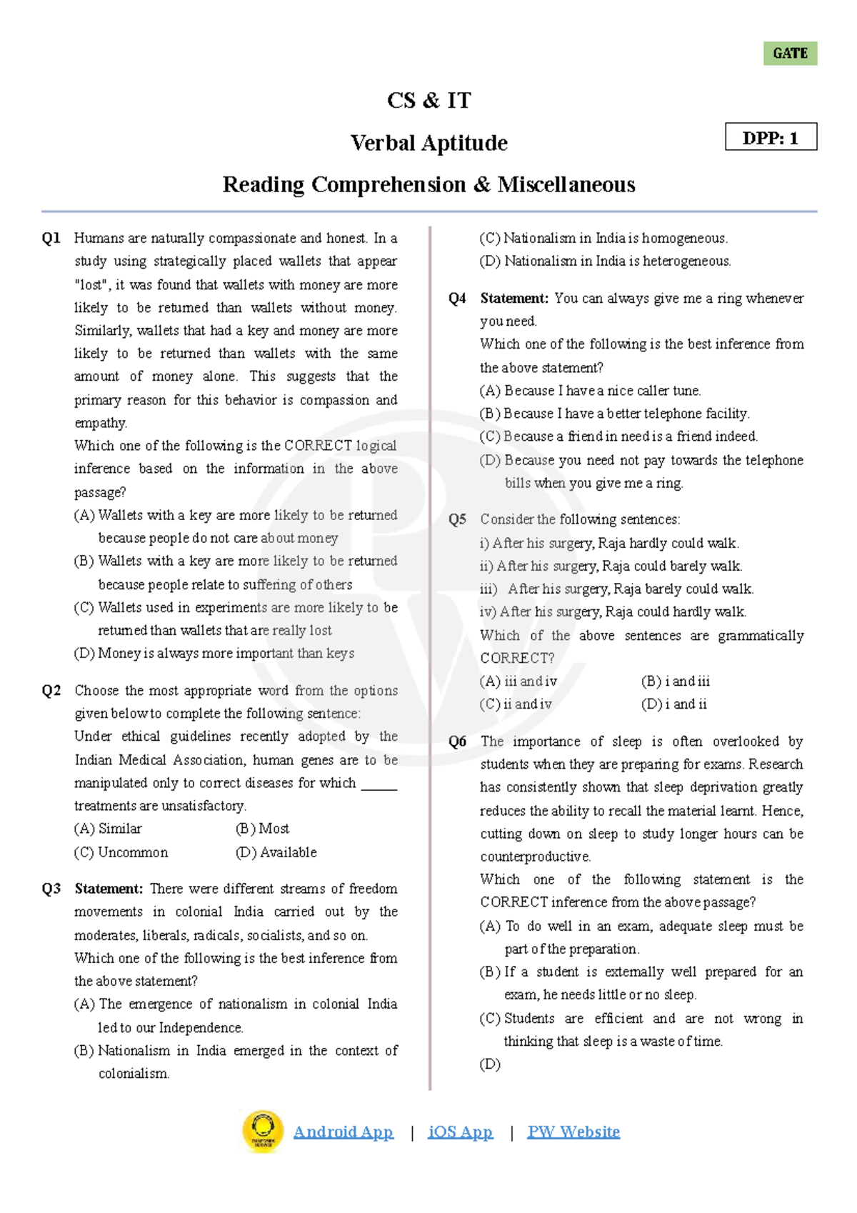 GATE CS IT DPP: 01 Reading Comprehension & Miscellaneous Questions ...