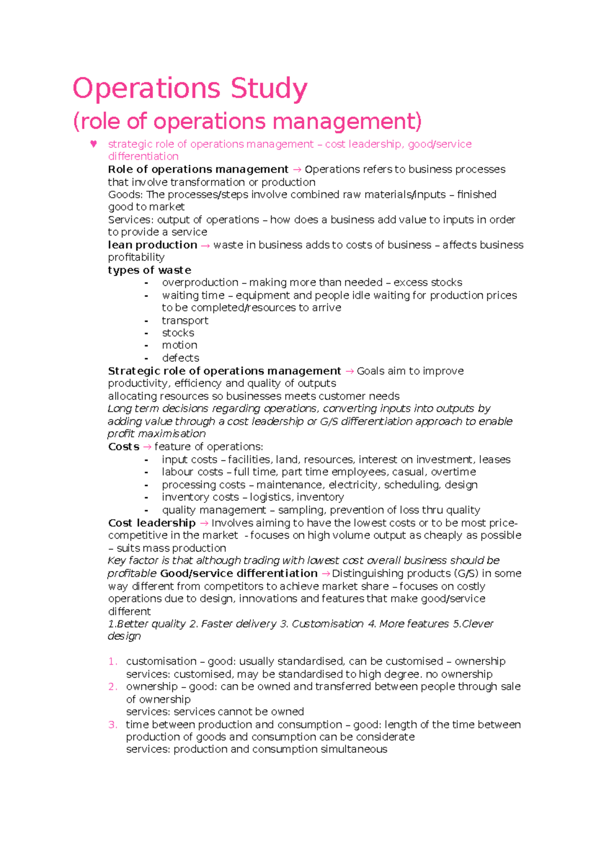 Operations Management Study: Strategic Role & Cost Leadership (BUS101 ...