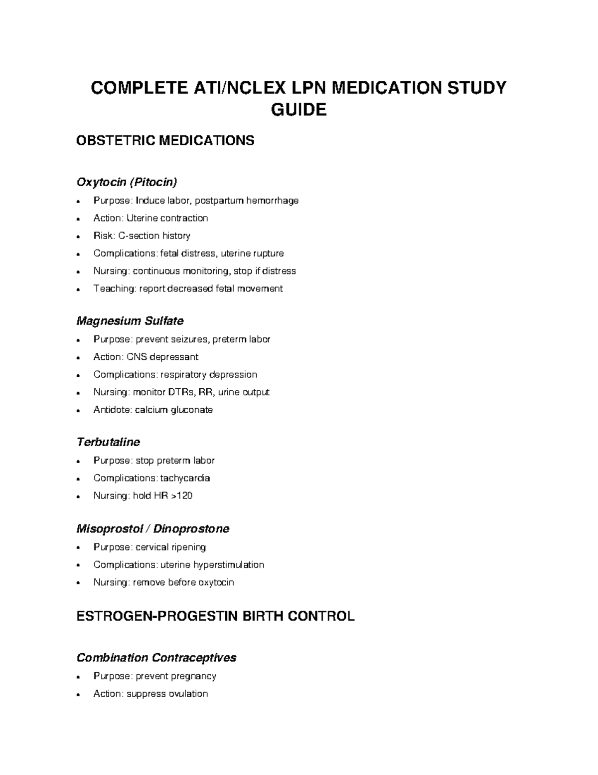 LPN Med Study Guide: Obstetric & Other Key Medications - Studocu