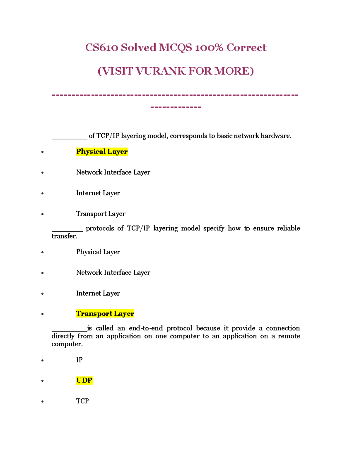 CS610 Final Term Solved MCQs on Layering Model and Network Protocols ...