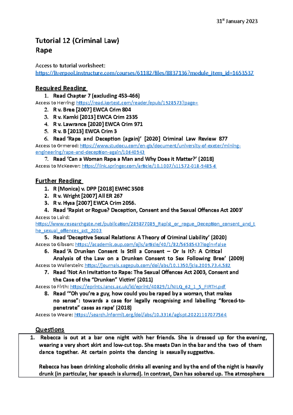 Tutorial 12 (Criminal Law) - Rape Case Analysis and Required Readings ...