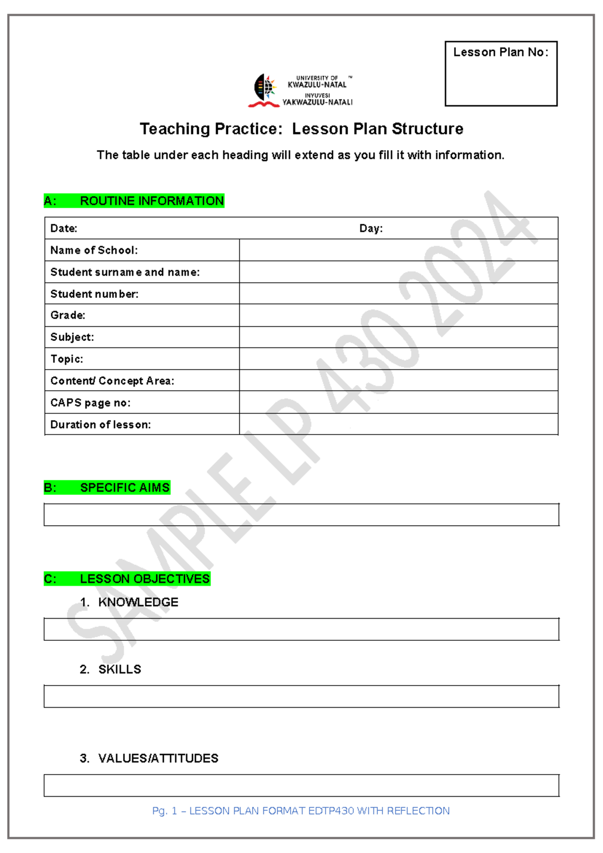 Lesson PLAN Template Revised 24 September EDTP430 with reflection page ...