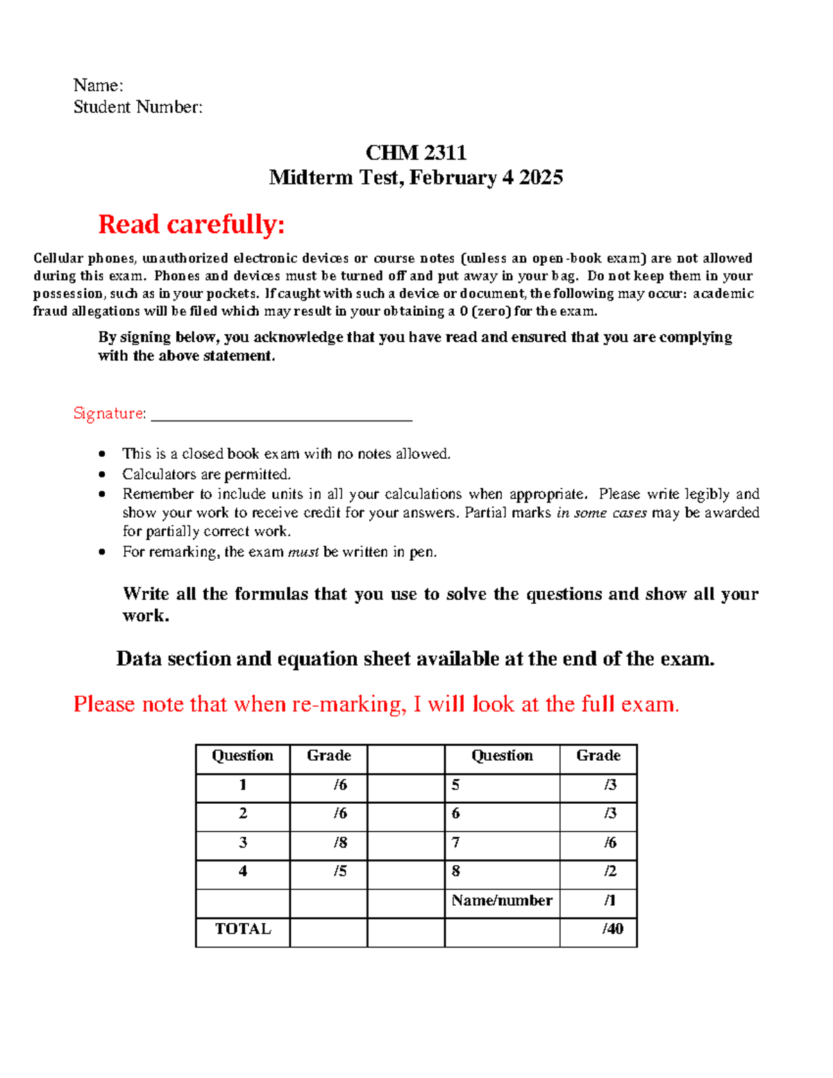 2025 CHM 2311 Midterm Exam Instructions and Guidelines - Studocu