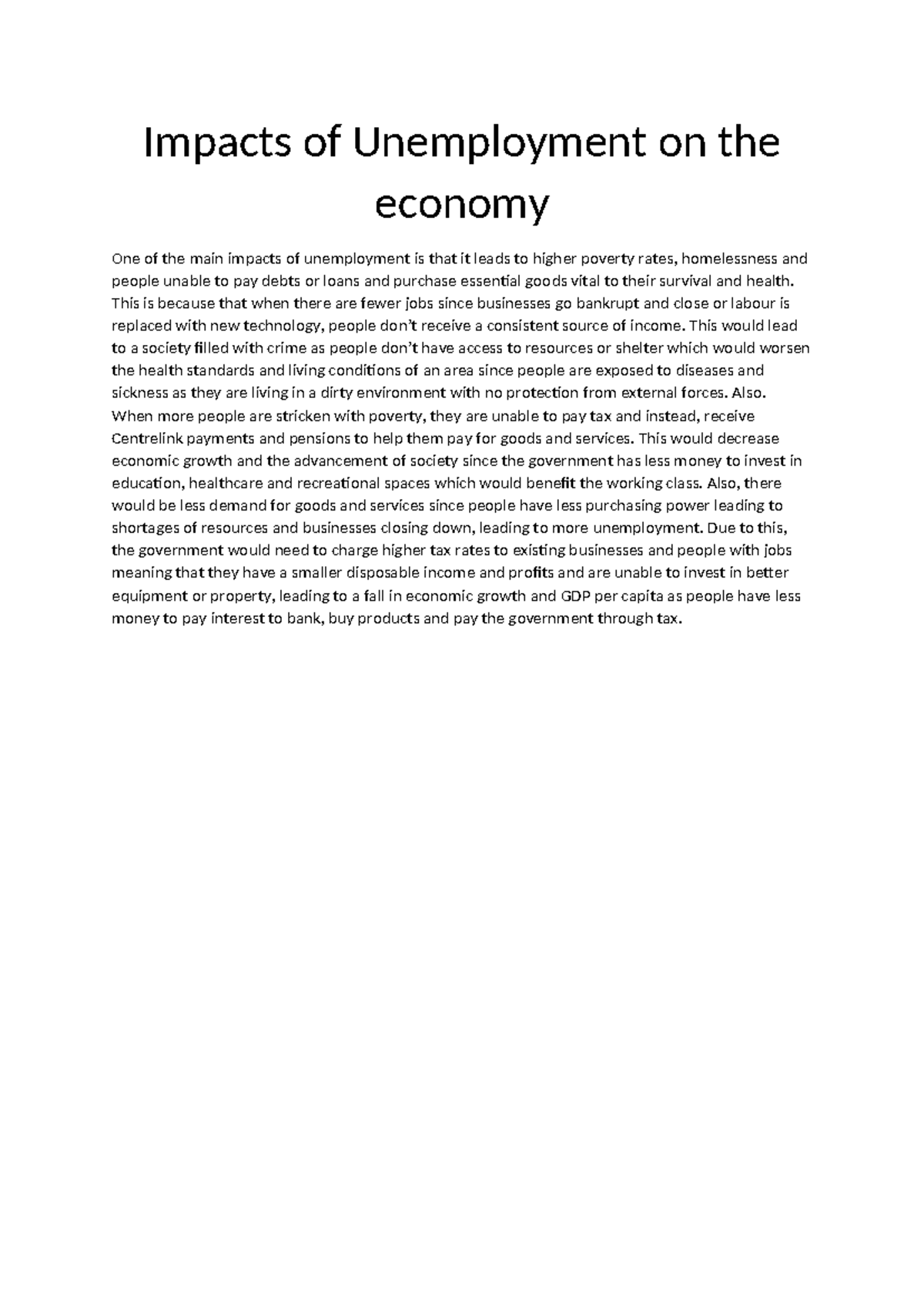 Impacts of Unemployment on Economic Growth and Society - Studocu