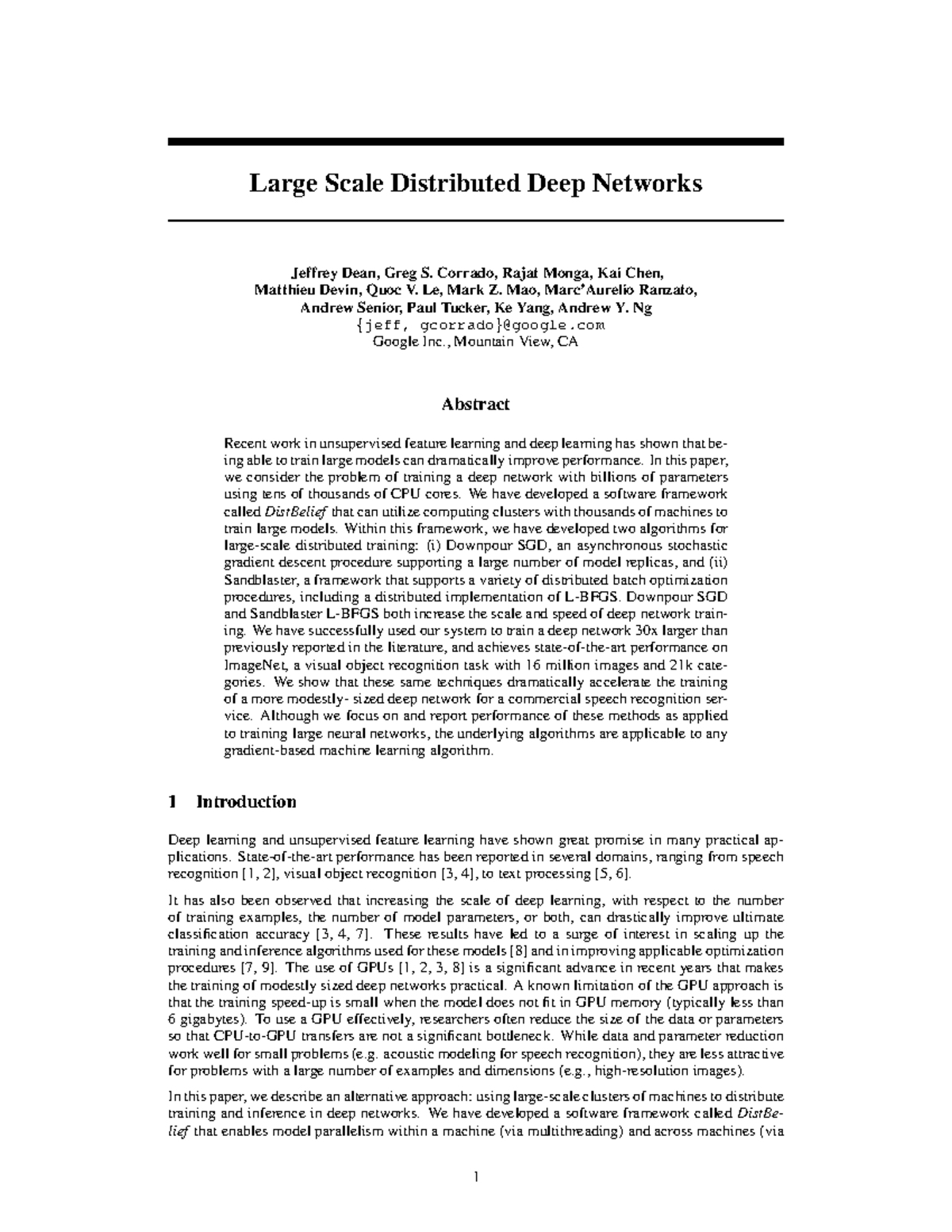 Large Scale Distributed Deep Networks: Training with DistBelief (NIPS ...