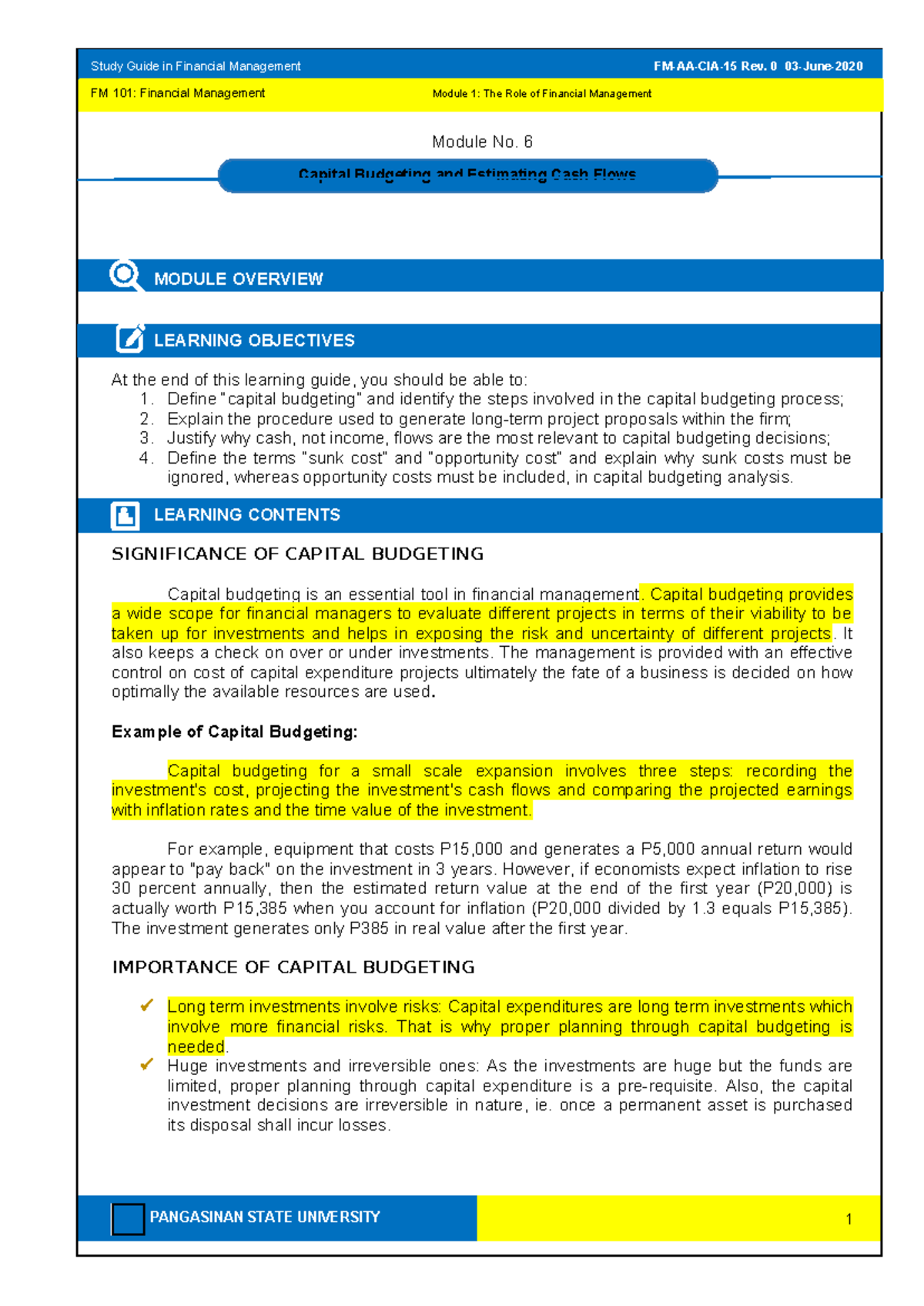 FM 101 SG 6 - Credit - Capital Budgeting and Estimating Cash Flows ...