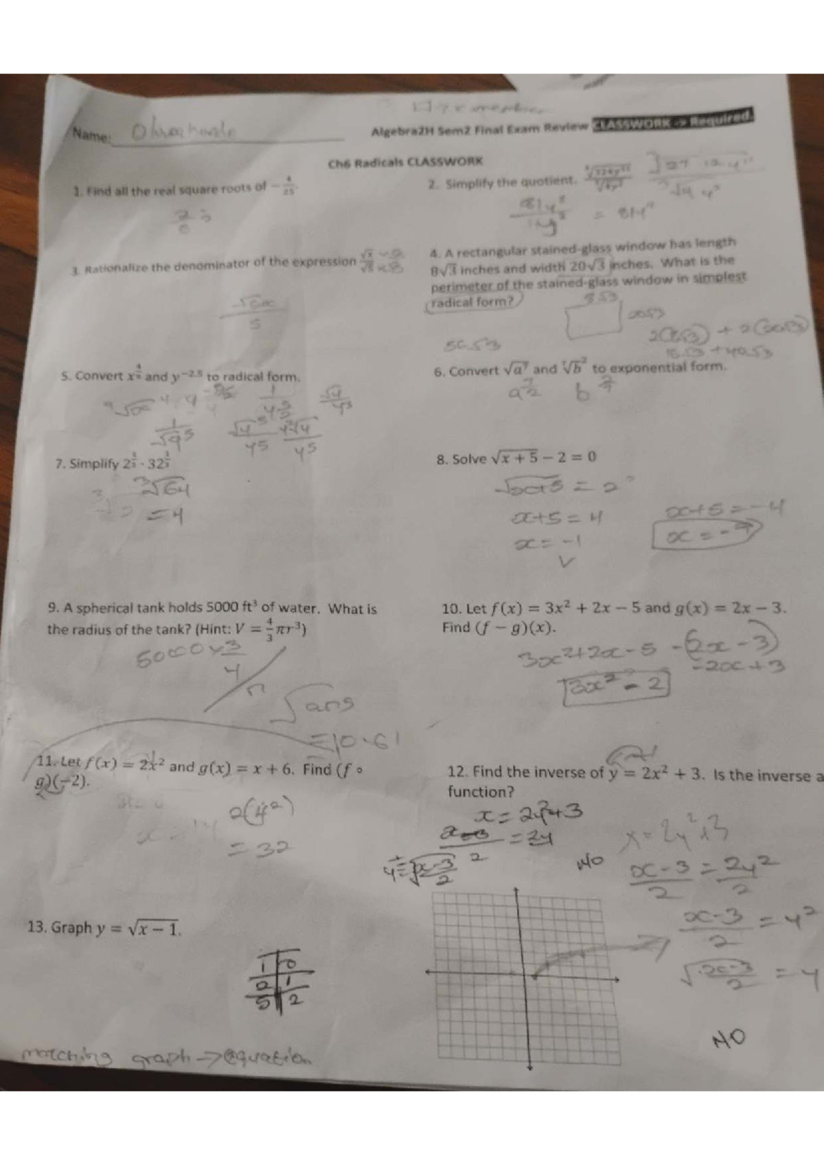 Algebra2H Sem2 Final Exam Review: Classwork & Solutions - Studocu