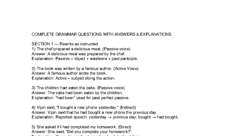 COMPLETE GRAMMAR SOLUTIONS: QUESTIONS & ANSWERS (SECTION 1-6) - Studocu