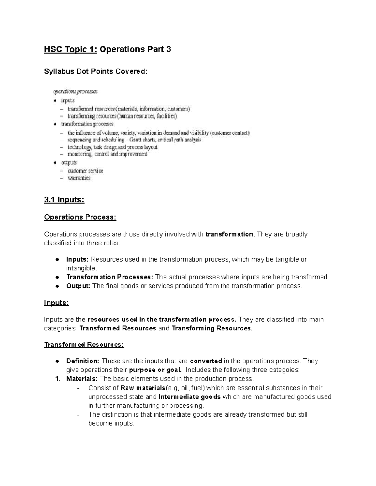 HSC Business Studies Topic 1: Operations Processes Summary & Glossary ...