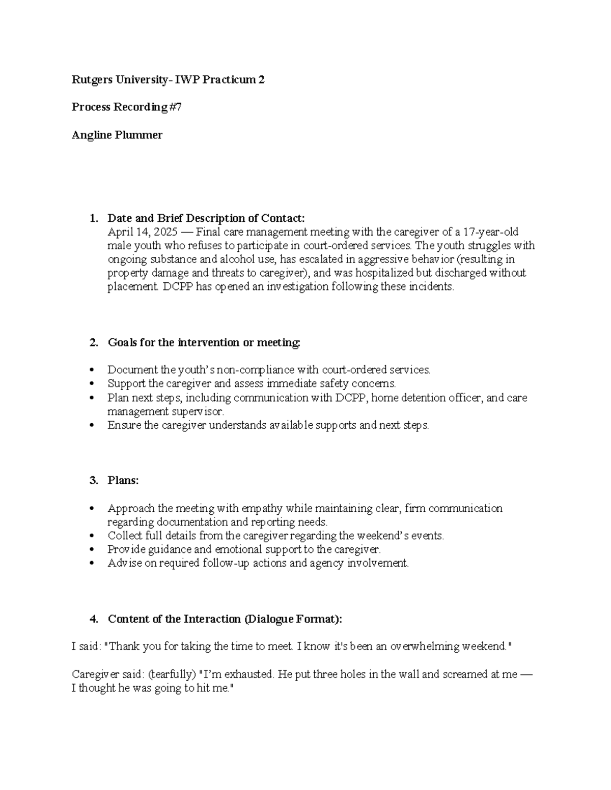 IWP SP25 Practicum 2: Process Recording of Final Client Meeting - Studocu