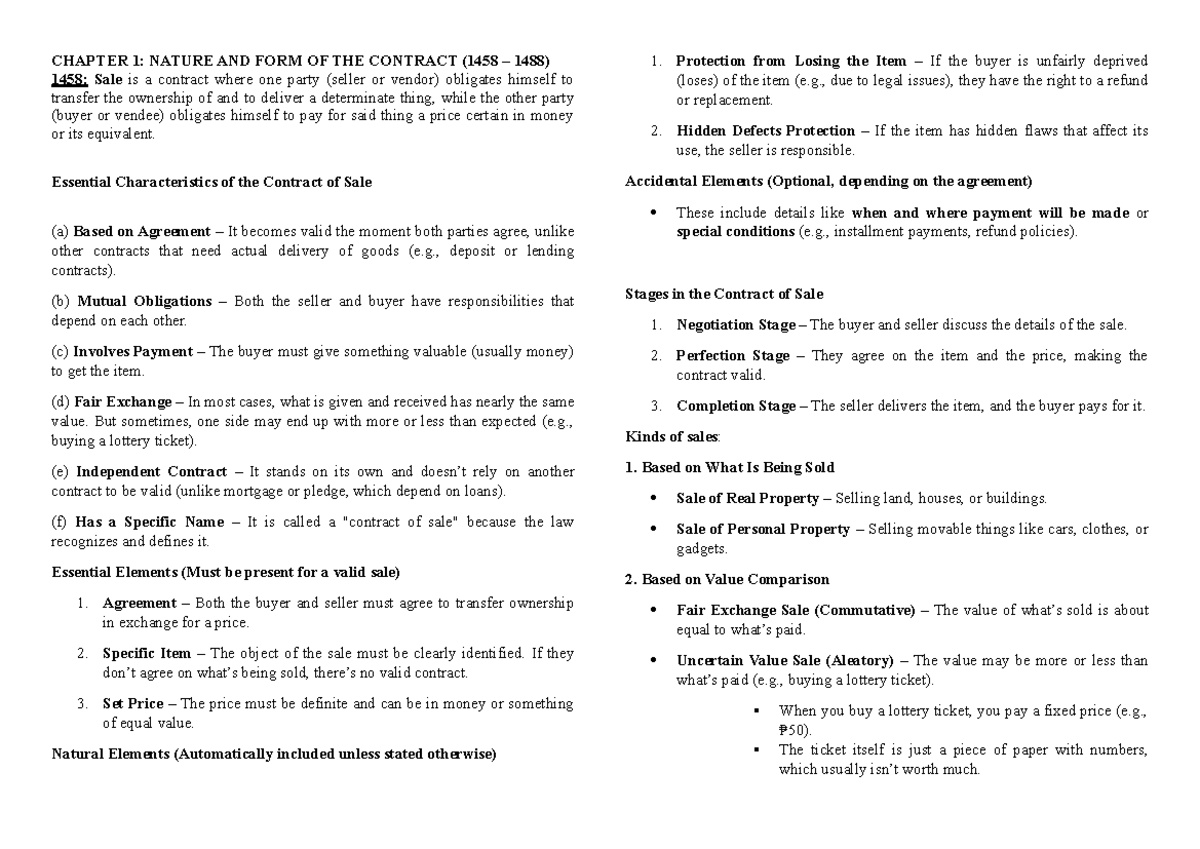 CHAPTER 1: NATURE AND FORM OF THE CONTRACT (1458-1488) Overview - Studocu