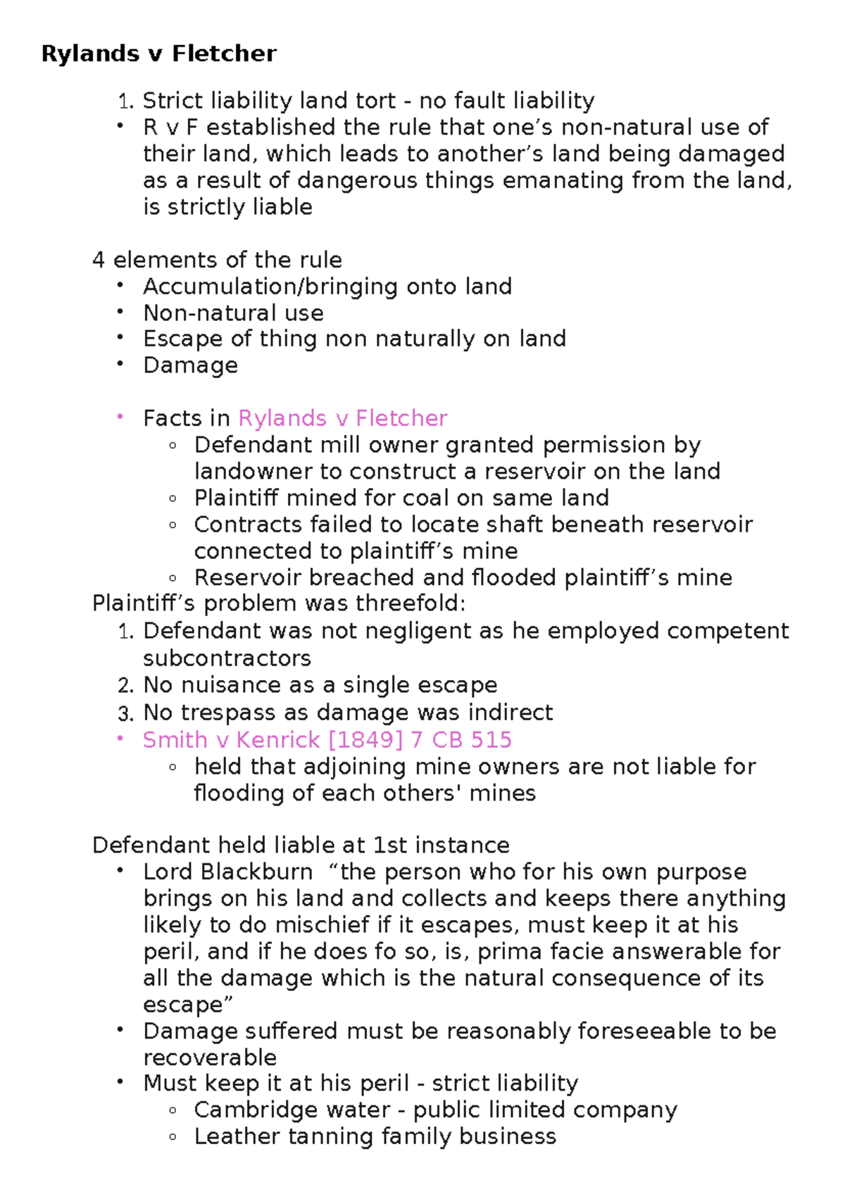 Rylands v Fletcher: Strict Liability in Land Tort Law Notes - Studocu