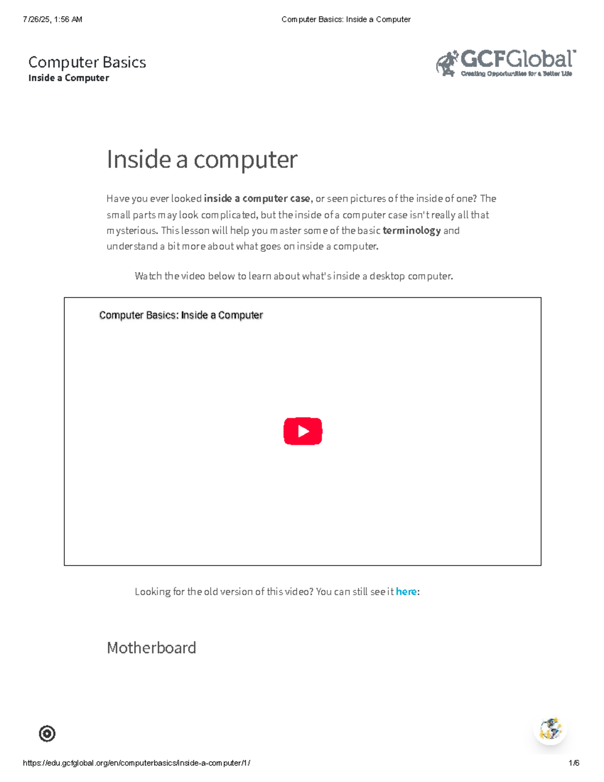 Computer Basics: Inside a Computer (1:56 AM Lesson) - Studocu