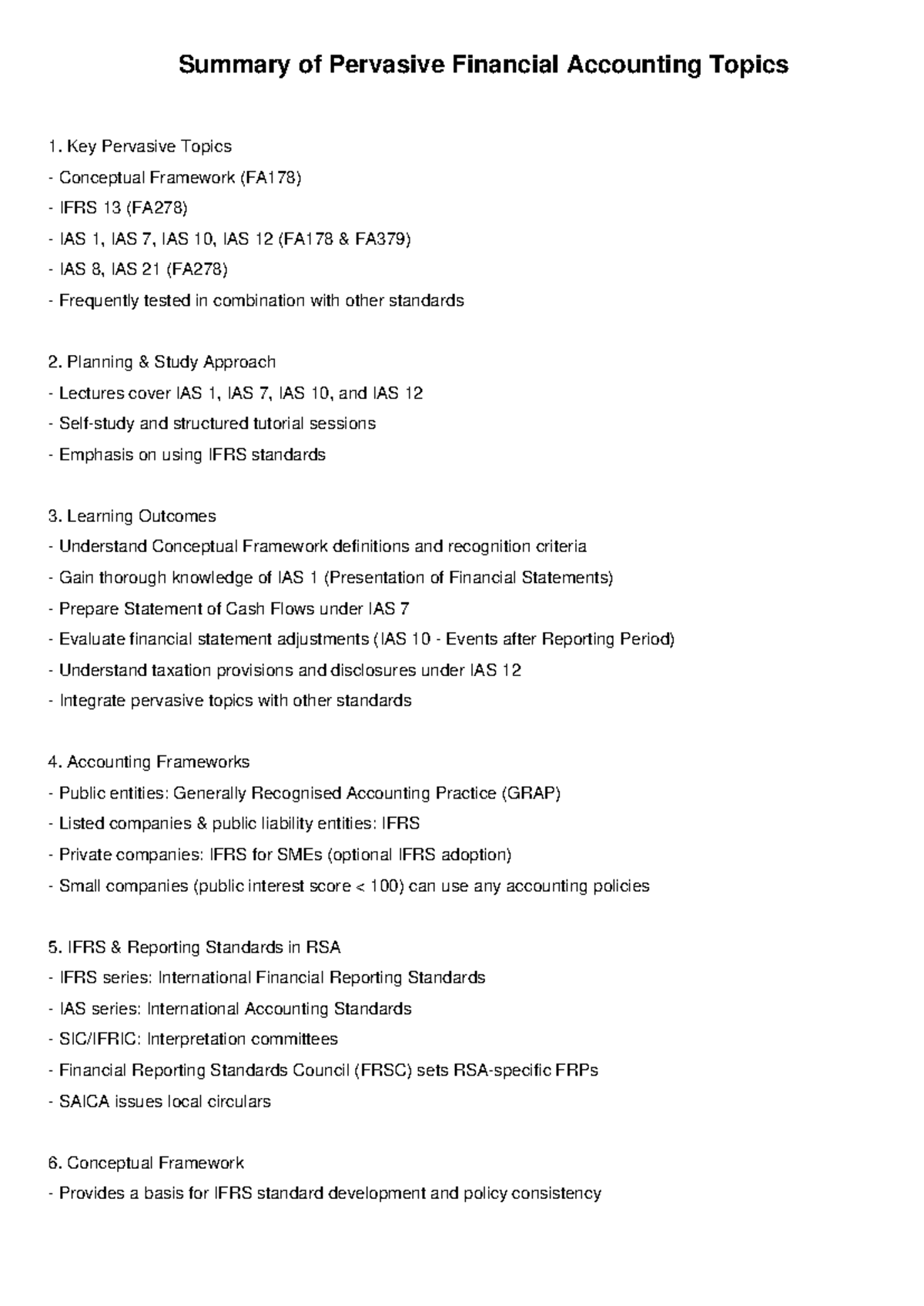 Pervasive Summary - Summary of Pervasive Financial Accounting Topics ...