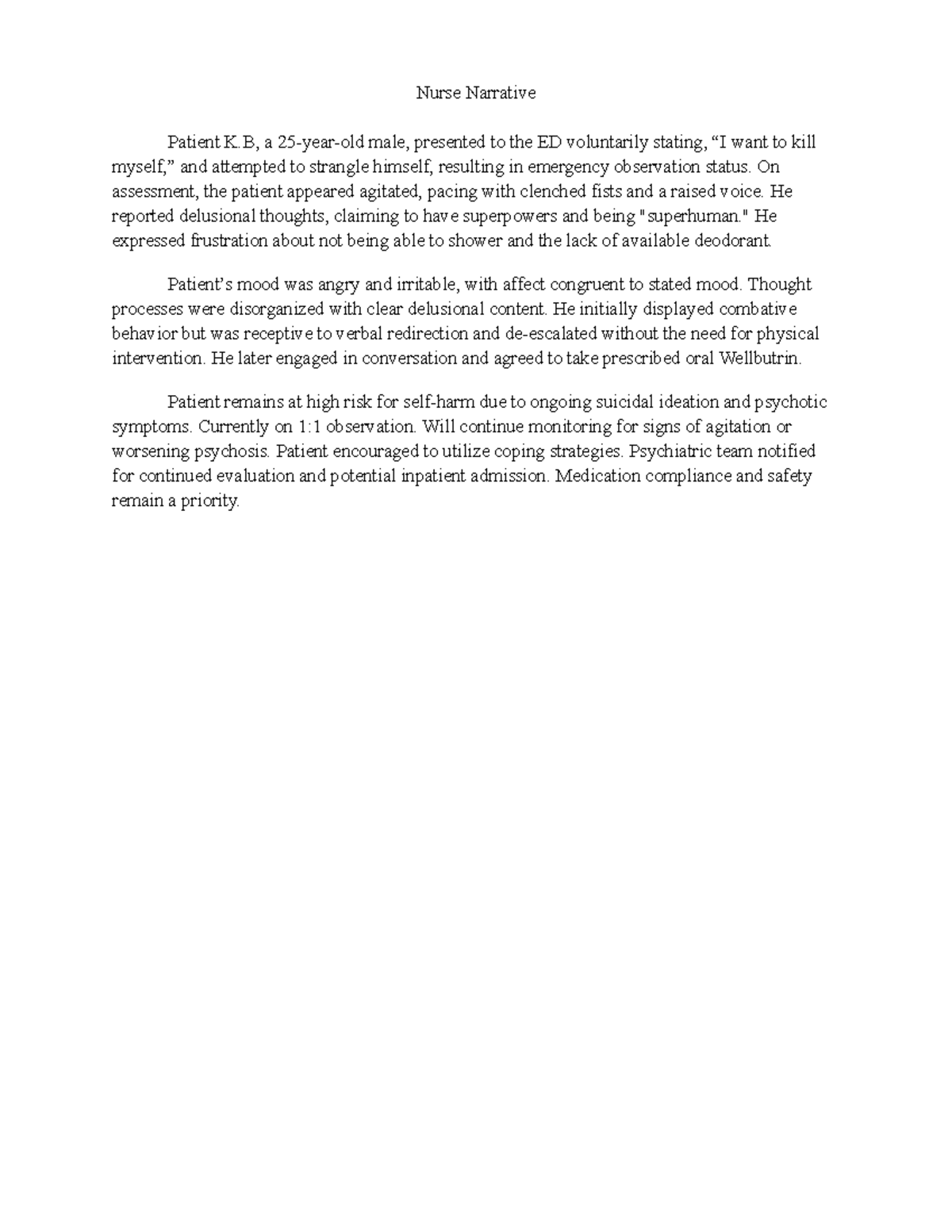 Nurse Narrative: Patient K.B. - ED Assessment & Management Plan - Studocu