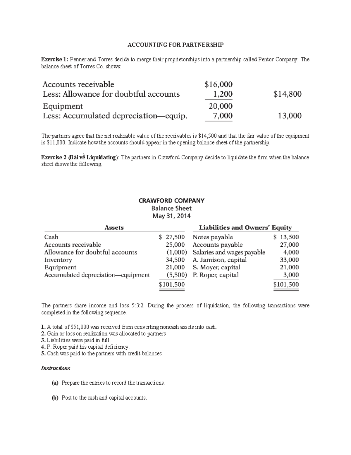 ACCT 101: Partnership Accounting Exercises and Solutions - Studocu