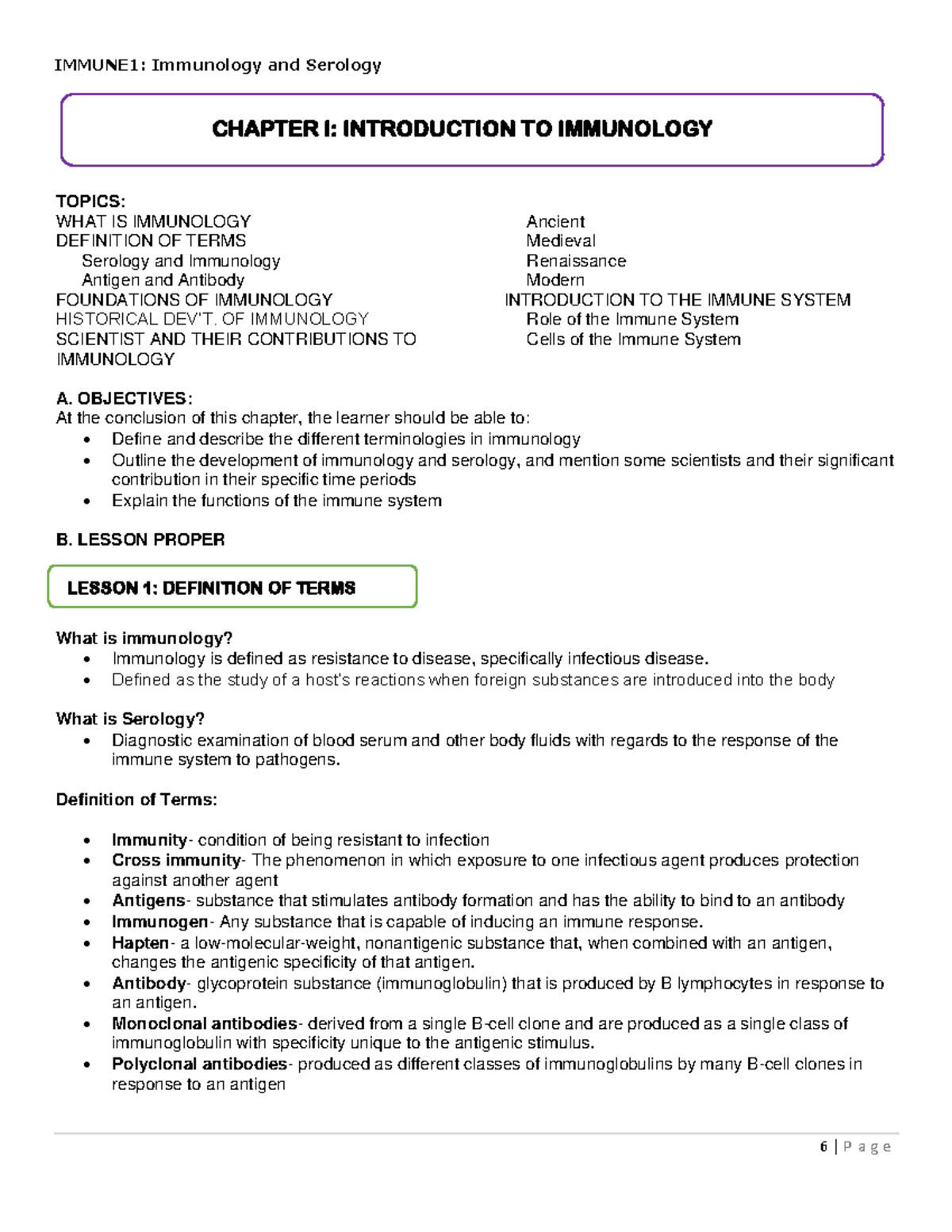 Immune 1 Chapter 1 - Comprehensive Notes on Immunology & Serology - Studocu