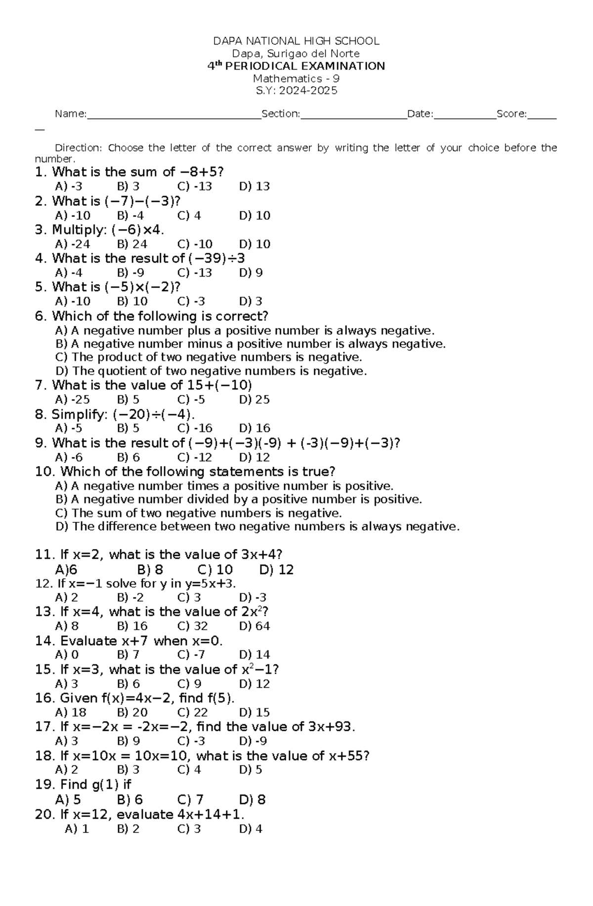 Math 9 Q3 Final Exam Review 2024 - Studocu