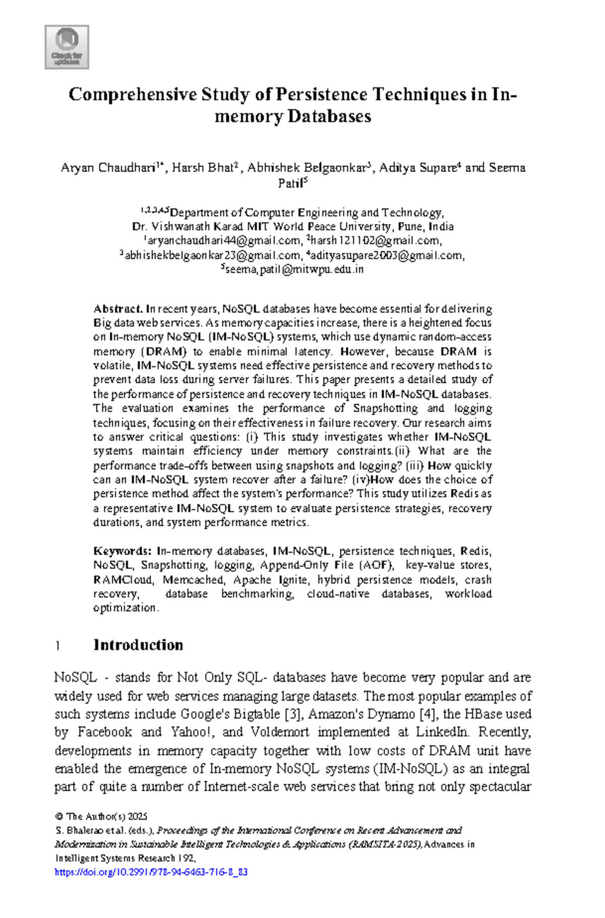 Comprehensive Study of Persistence Techniques in NoSQL Databases (CSE ...