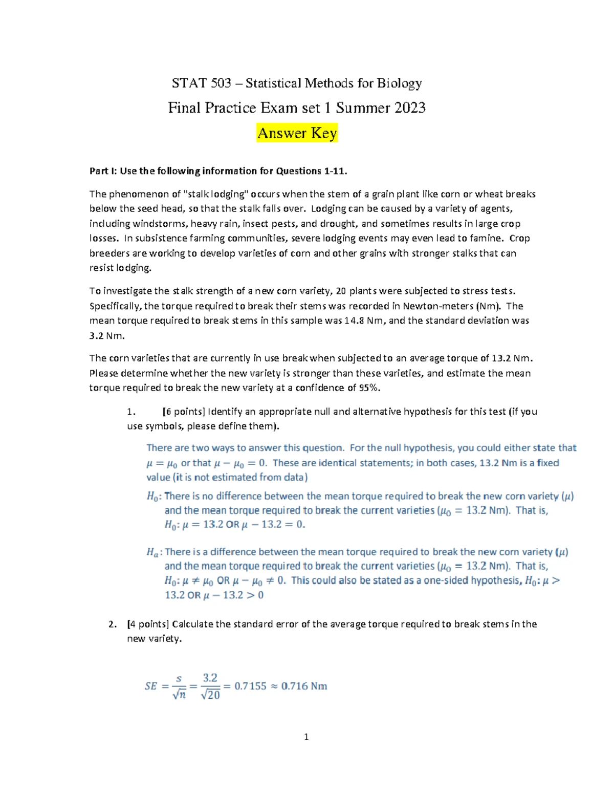 STAT 503 – Summer '23 Practice Final Exam Answer Key (Set 2) - Studocu
