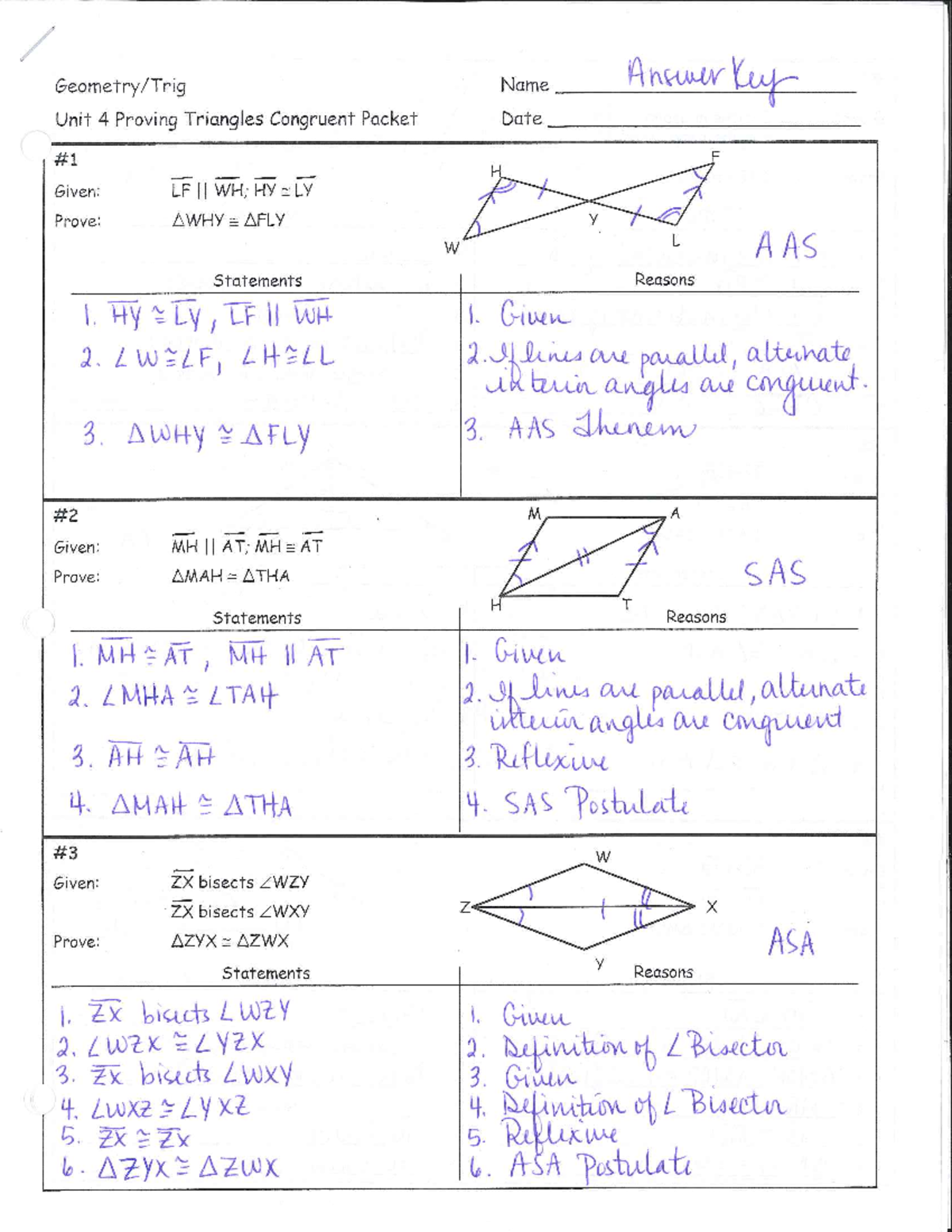 Answer Key - Proofs Packet - Name Answerkey Unit 4 Proving Triangles ...