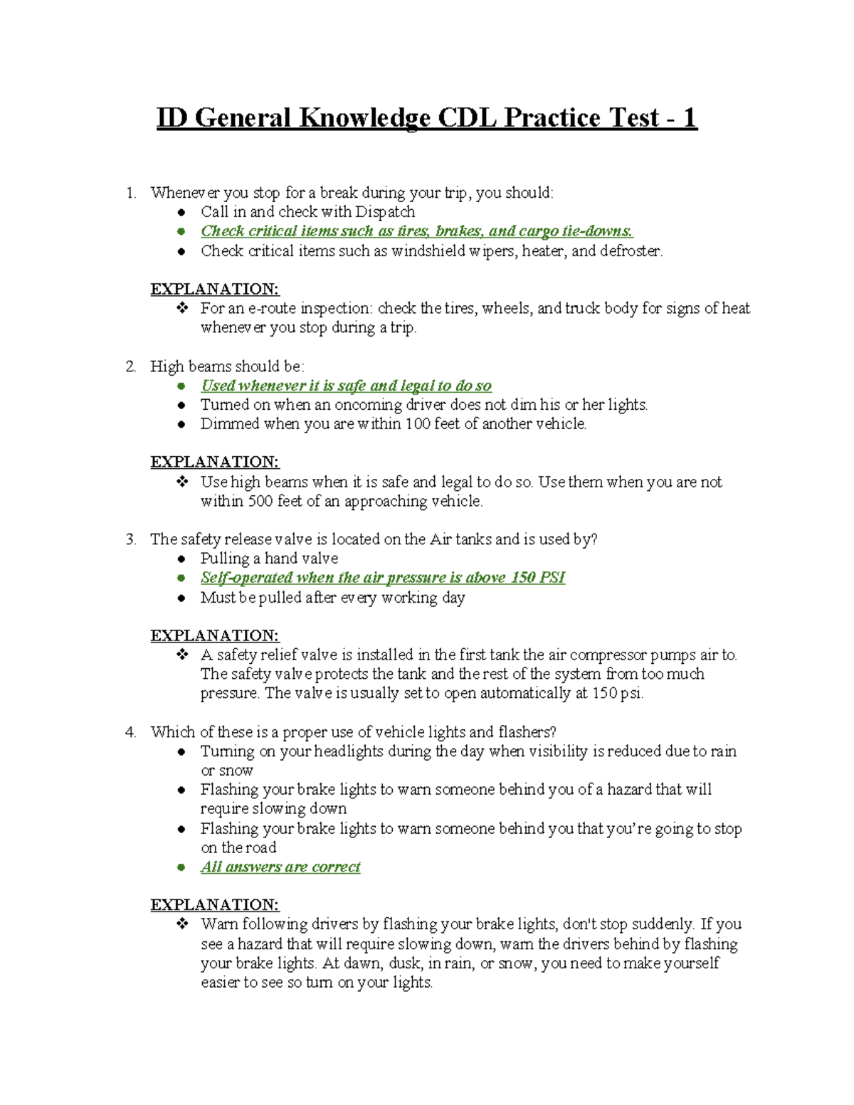 ID General Knowledge CDL Practice Test 1: Essential Driving Skills ...