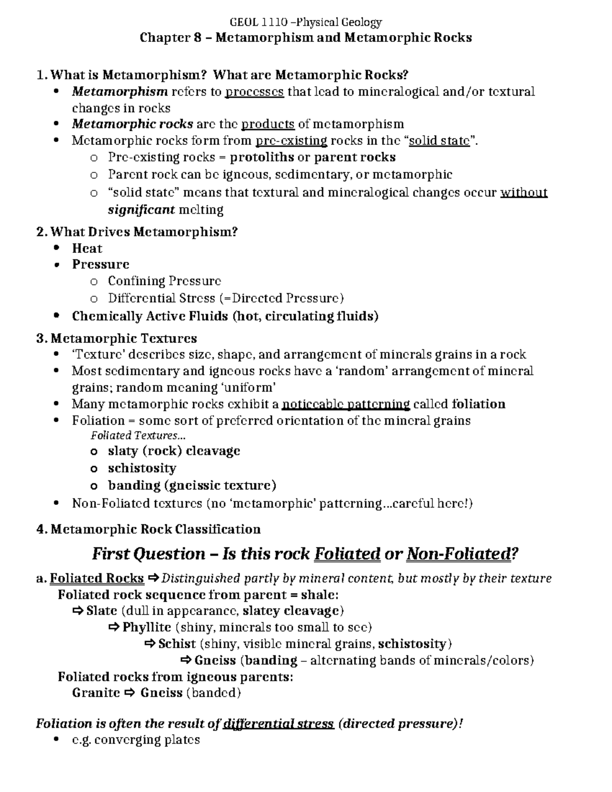 GEOL 1110: Final Exam Study Notes on Metamorphism and Metamorphic Rocks ...